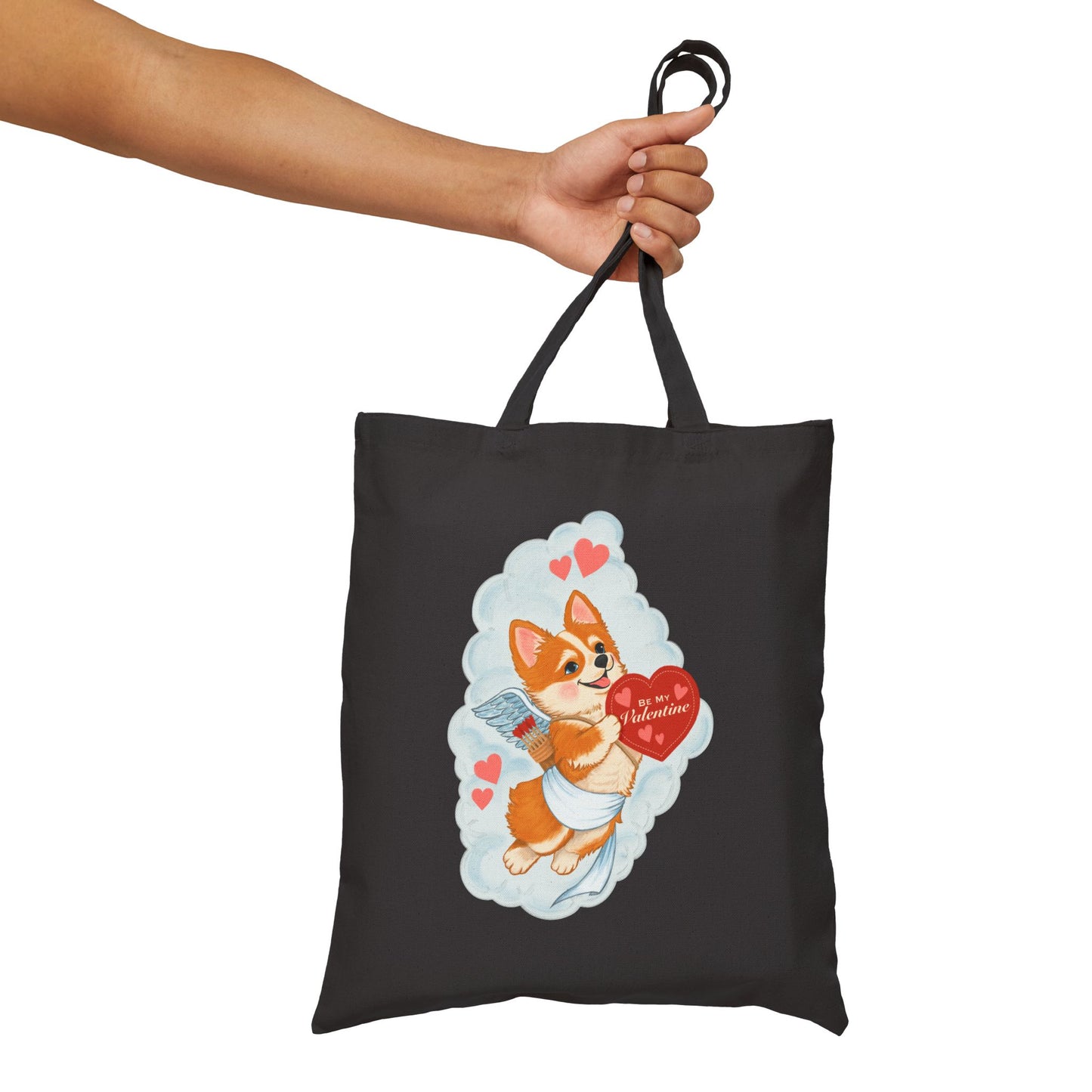 Corgi Valentine Tote Bag – Cute Puppy Holding Heart Cotton Canvas Grocery Shopper