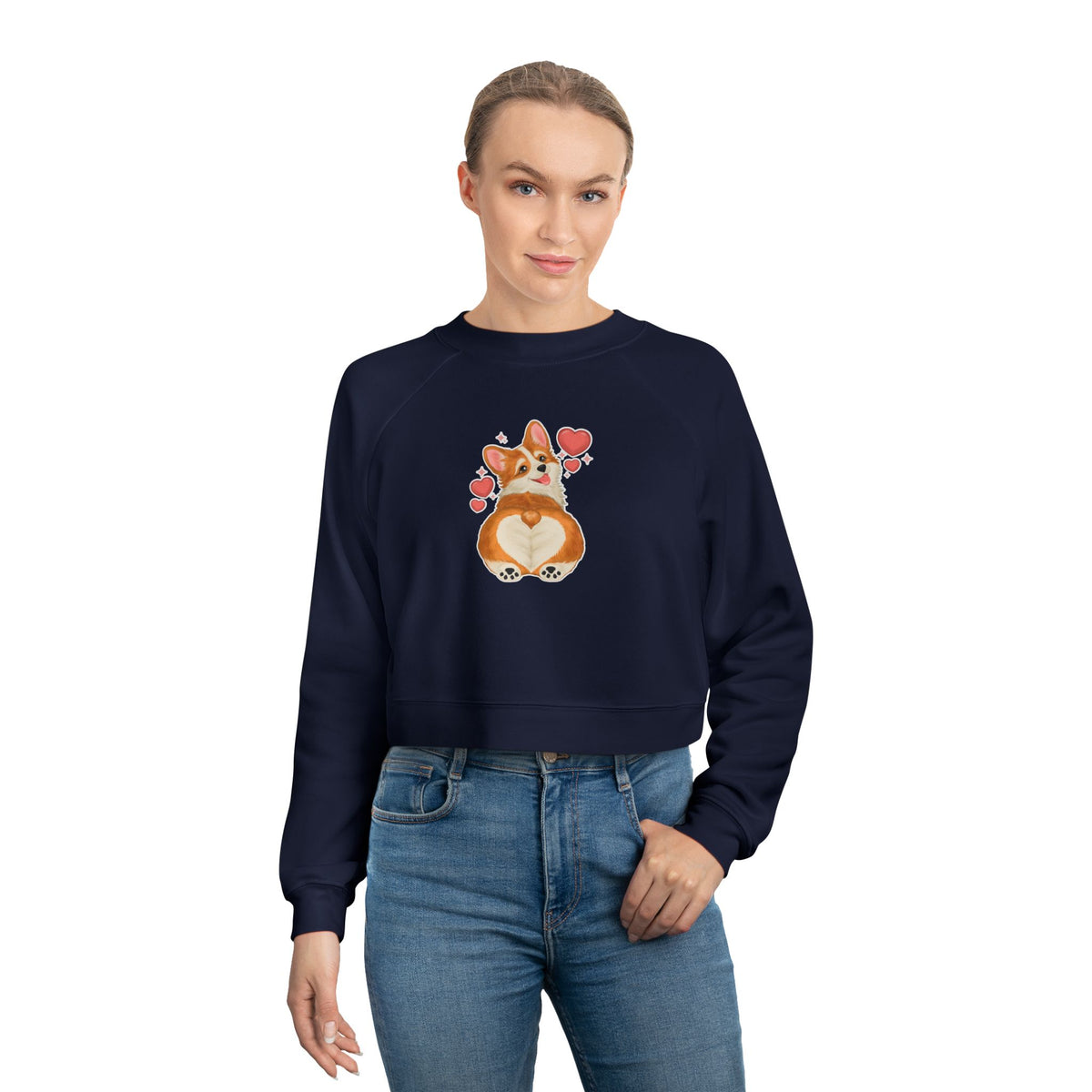 Cropped Pullover — Cute Corgi Heart Graphic Women's Fleece Top