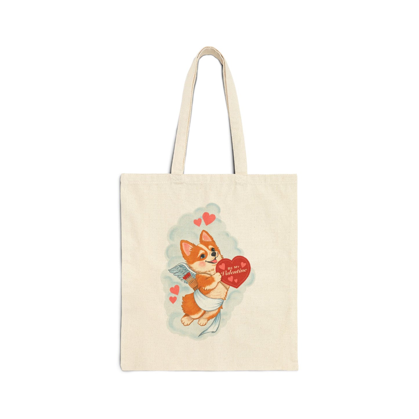 Corgi Valentine Tote Bag – Cute Puppy Holding Heart Cotton Canvas Grocery Shopper