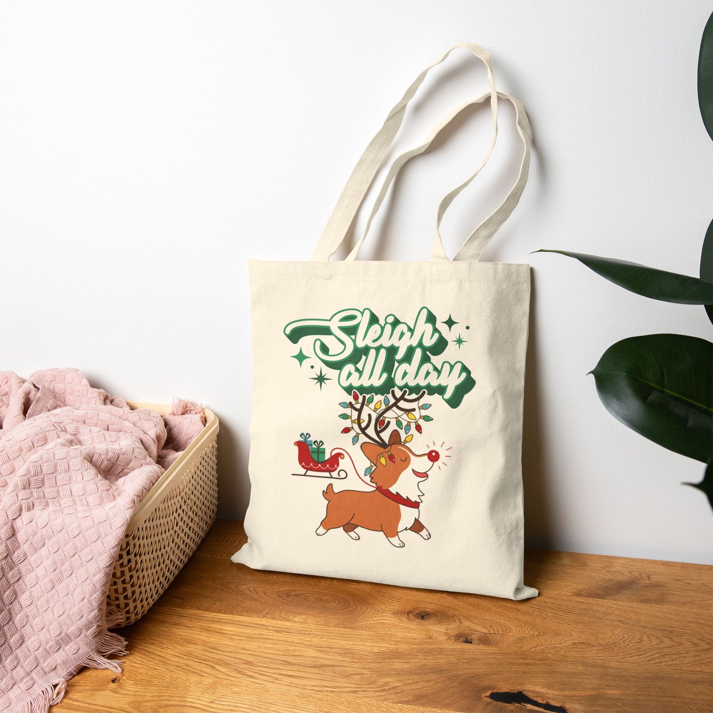 "Sleigh All Day" Corgi Christmas Canvas Tote