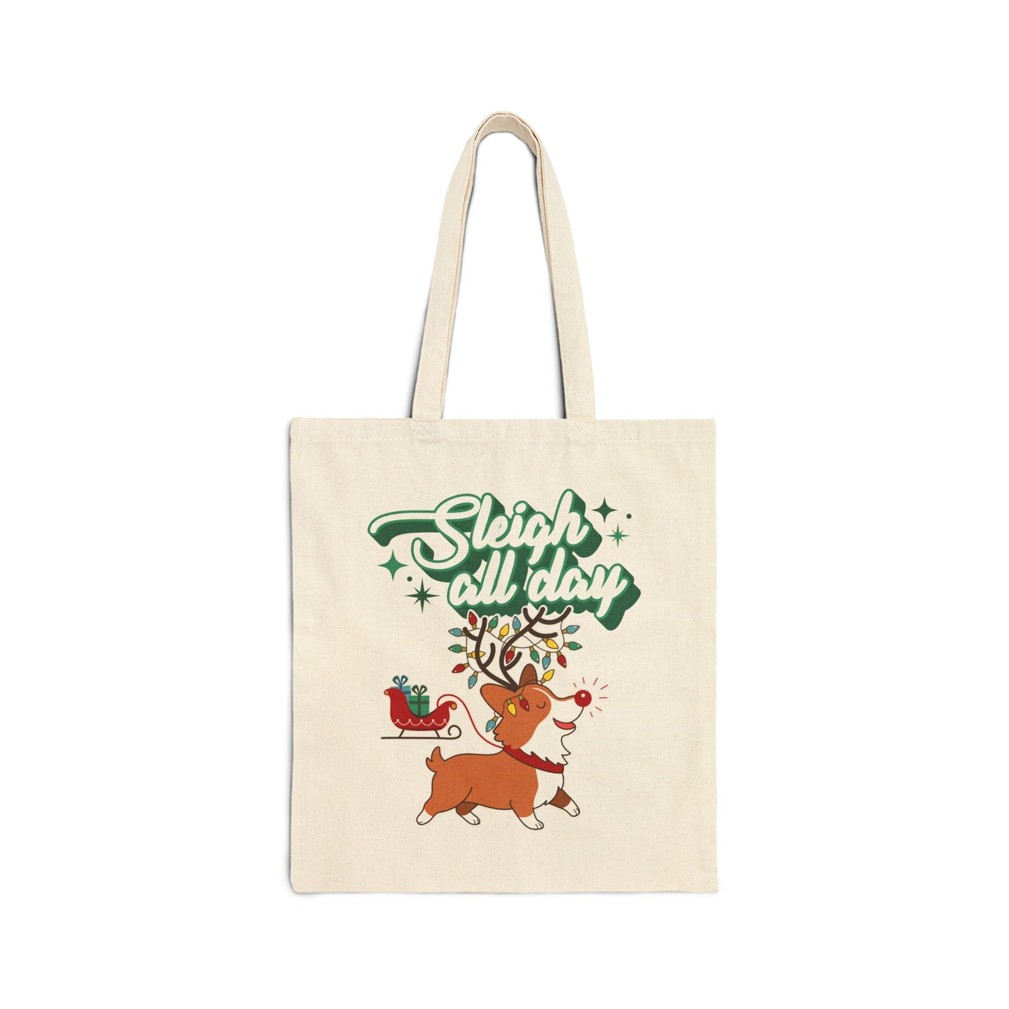 "Sleigh All Day" Corgi Christmas Canvas Tote