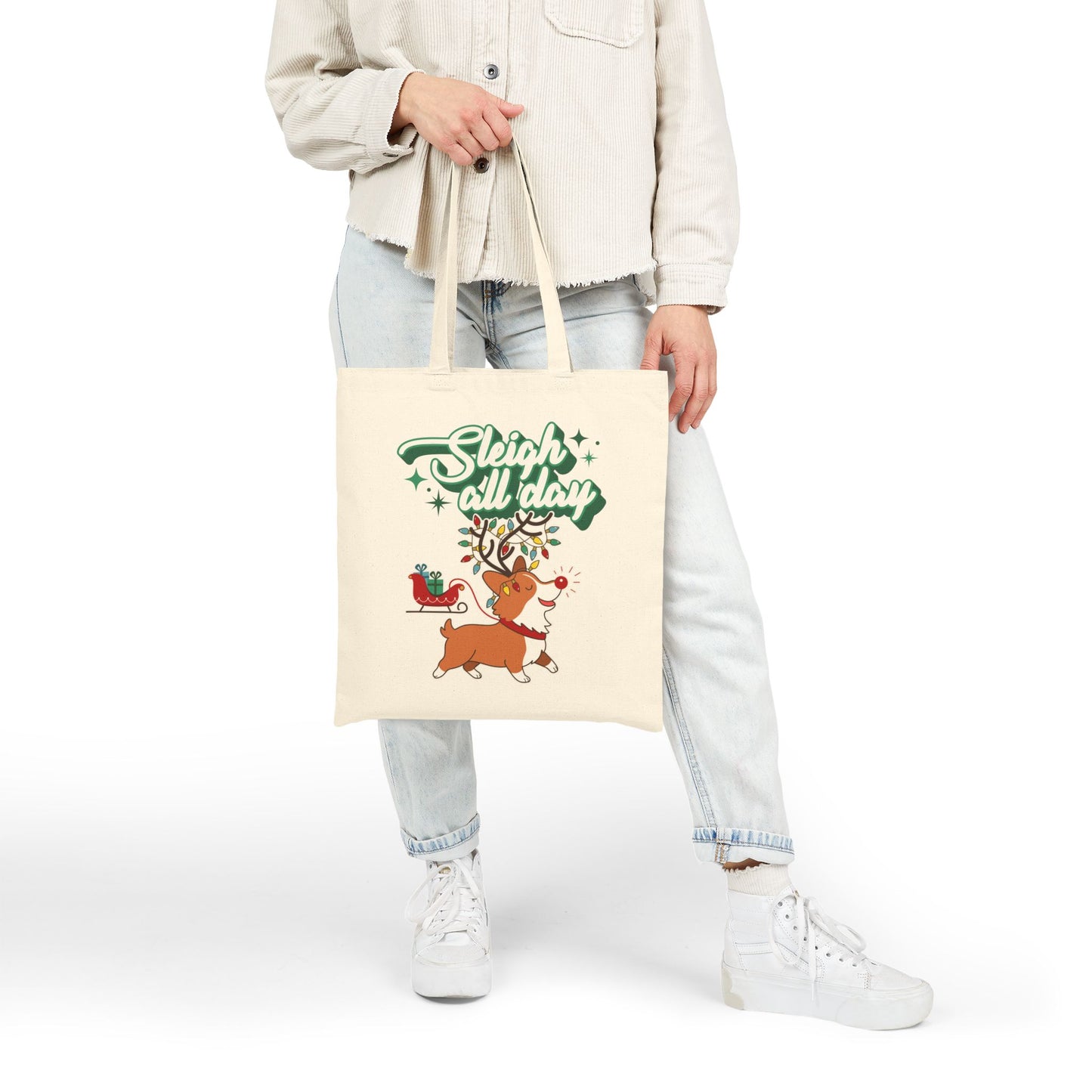 "Sleigh All Day" Corgi Christmas Canvas Tote