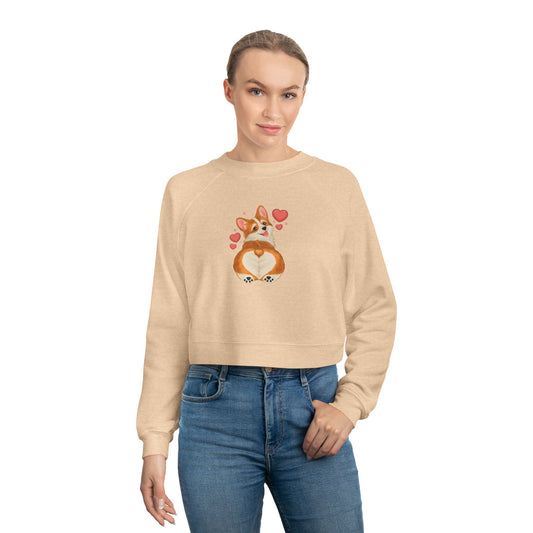 Cropped Pullover — Cute Corgi Heart Graphic Women's Fleece Top