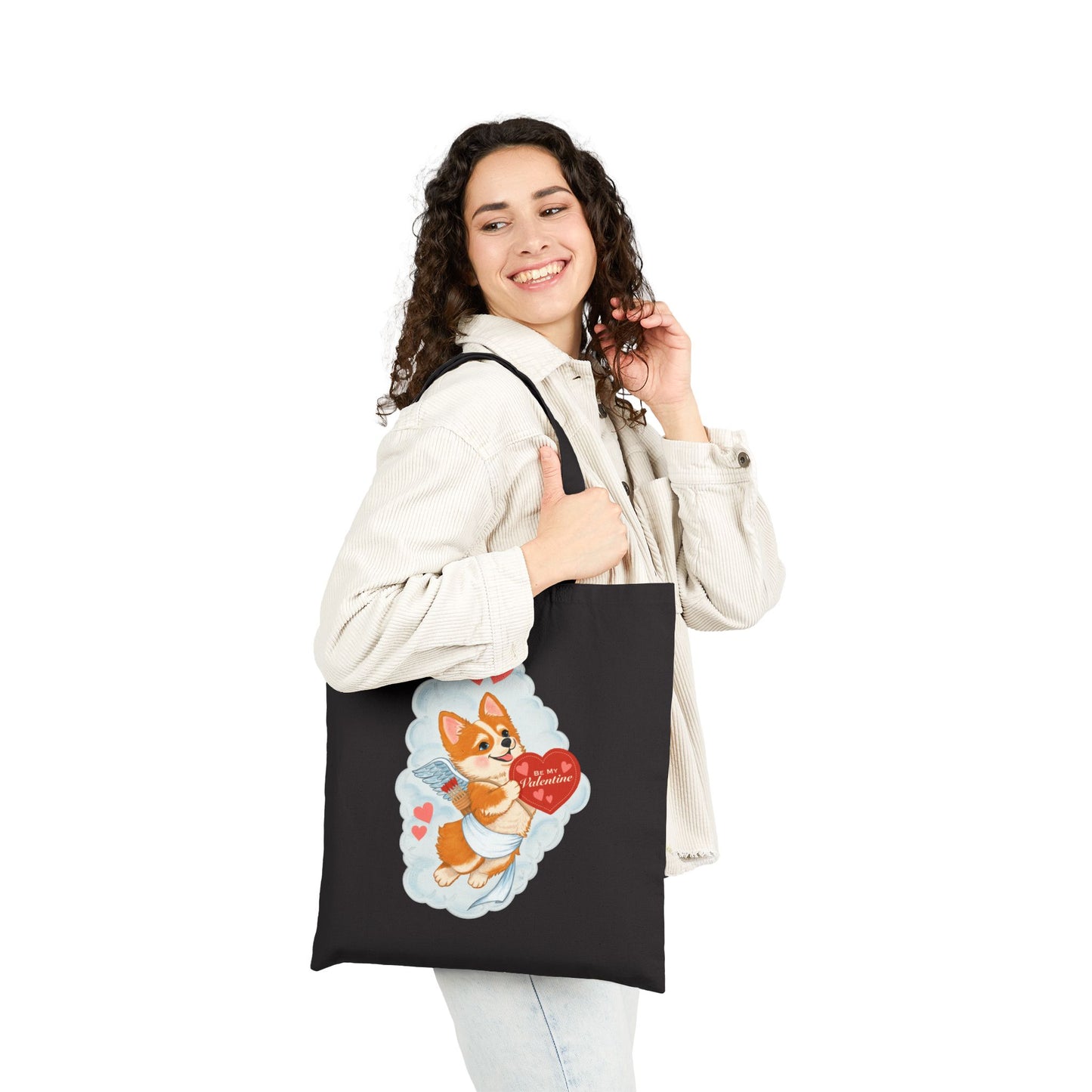 Corgi Valentine Tote Bag – Cute Puppy Holding Heart Cotton Canvas Grocery Shopper