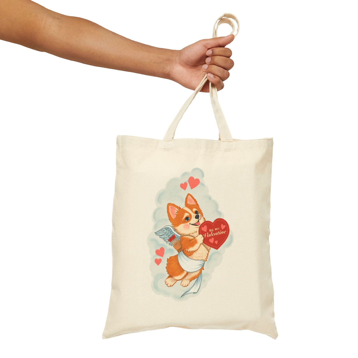 Corgi Valentine Tote Bag – Cute Puppy Holding Heart Cotton Canvas Grocery Shopper