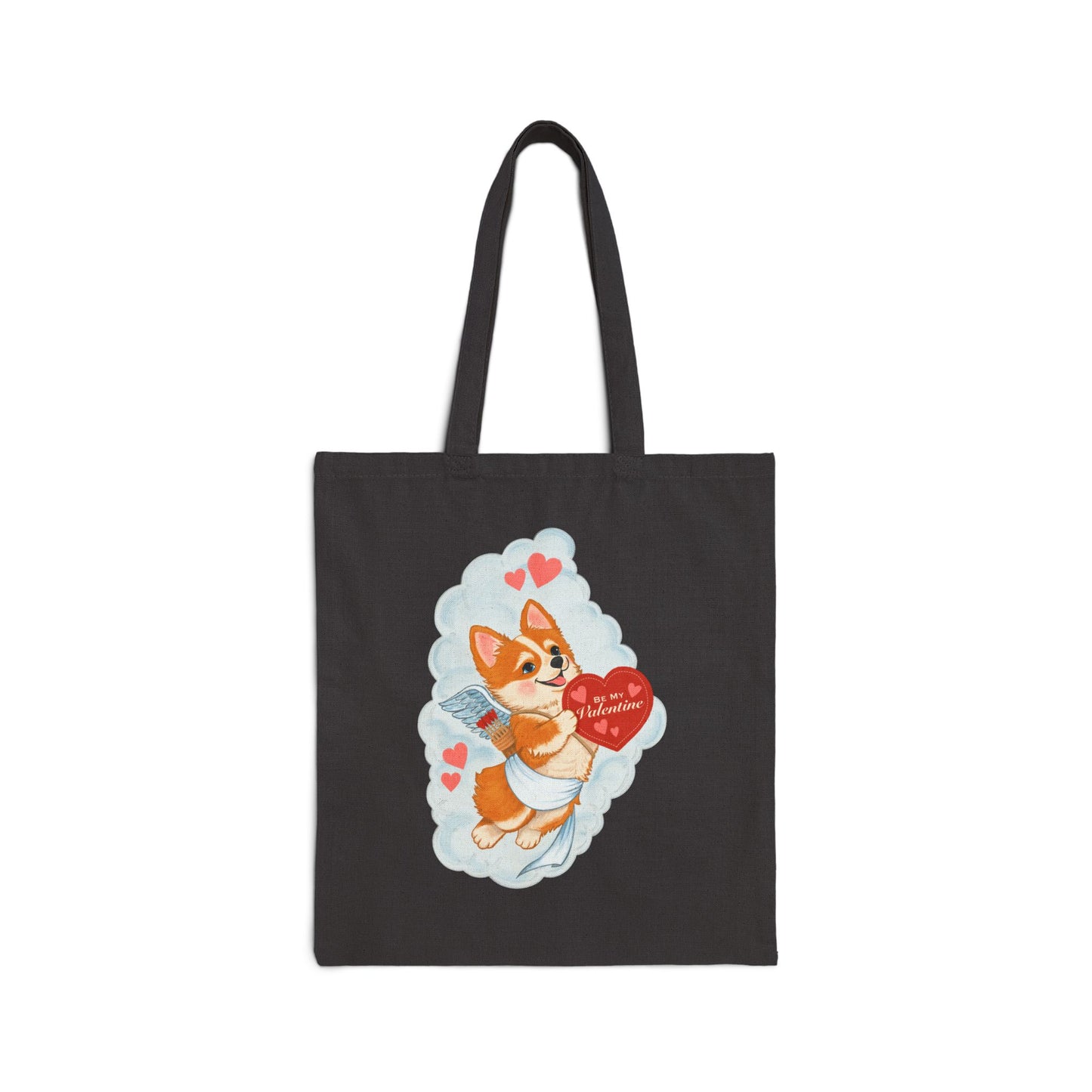 Corgi Valentine Tote Bag – Cute Puppy Holding Heart Cotton Canvas Grocery Shopper